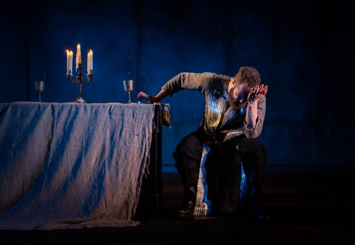 Paul Tinto in Macbeth at Derby Theatre. Design, Ruari Murchison; lighting design, Daniella Beattie. photo: Mark Sepple.